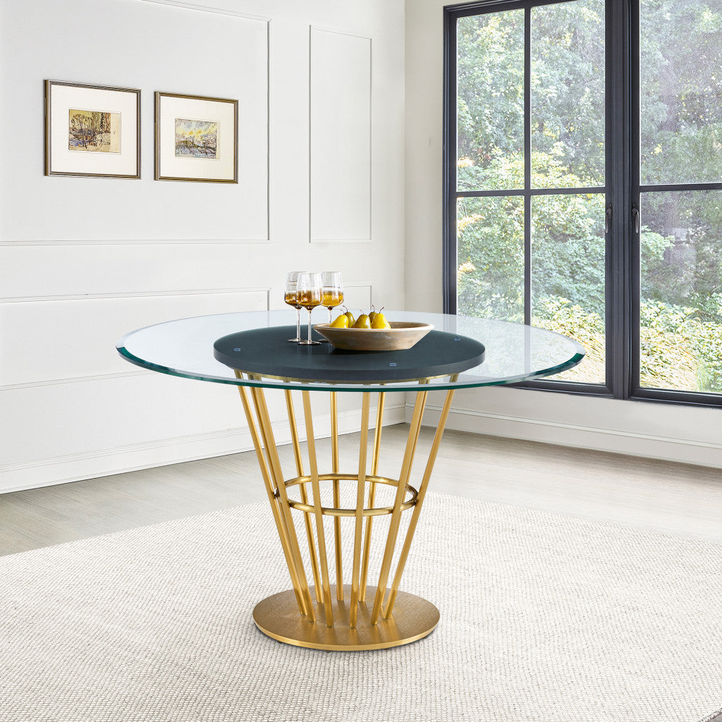 48" Clear And Gold Glass And Stainless Steel Pedestal Base Round Top Dining Table-8