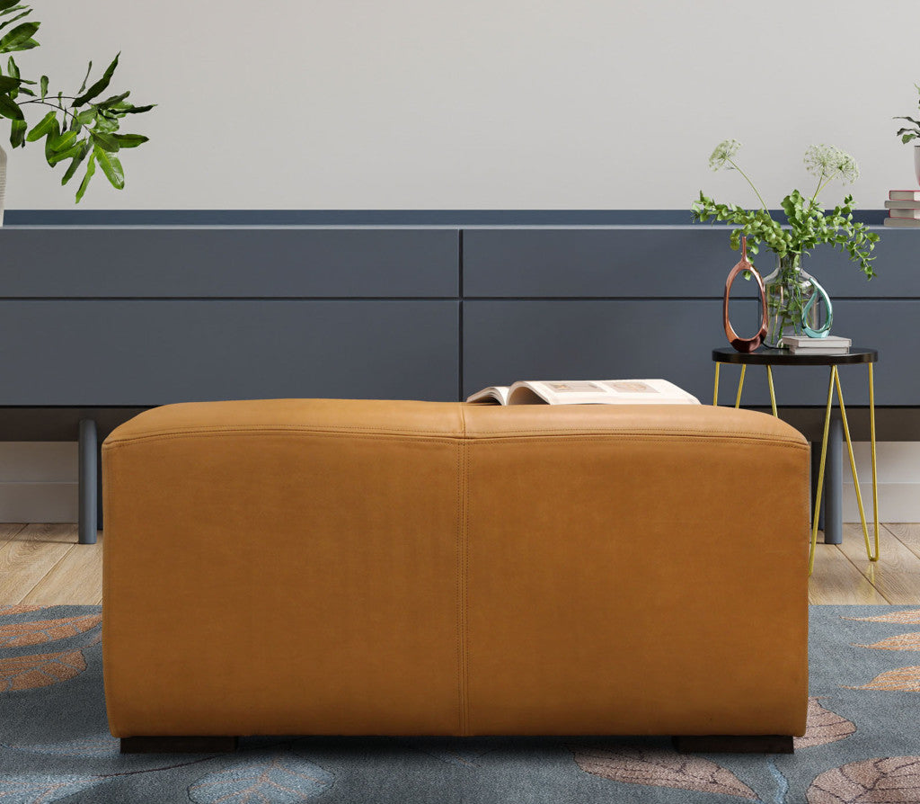 36" Orange Genuine Leather And Solid Wood Square Cocktail Table-6