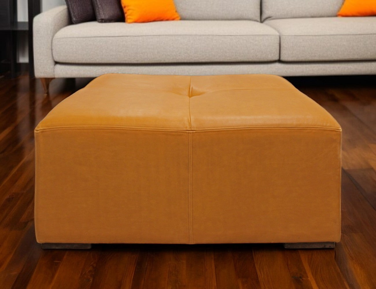 36" Orange Genuine Leather And Solid Wood Square Cocktail Table-0