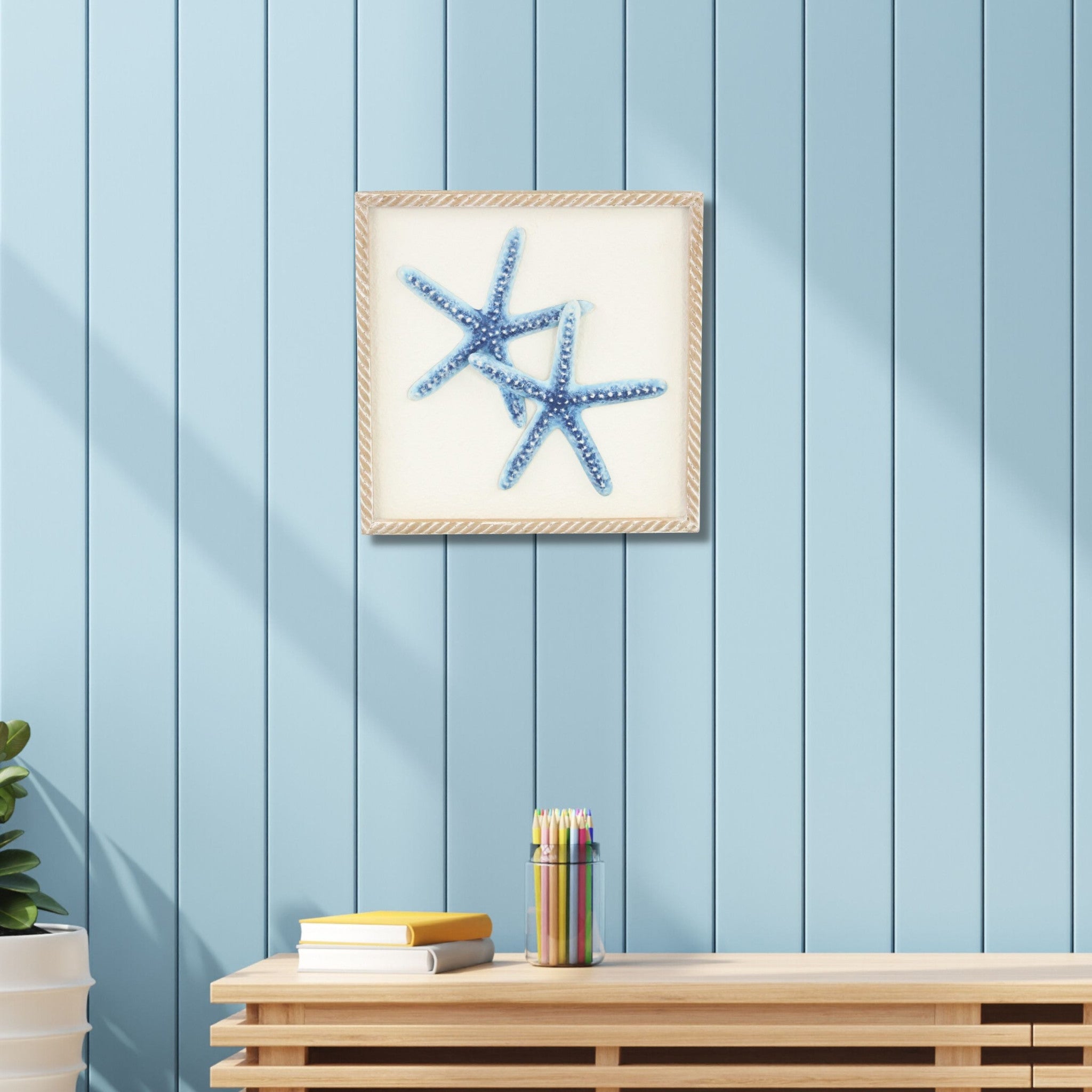 Blue and White Distressed Metal Starfish Framed Wall Art-6