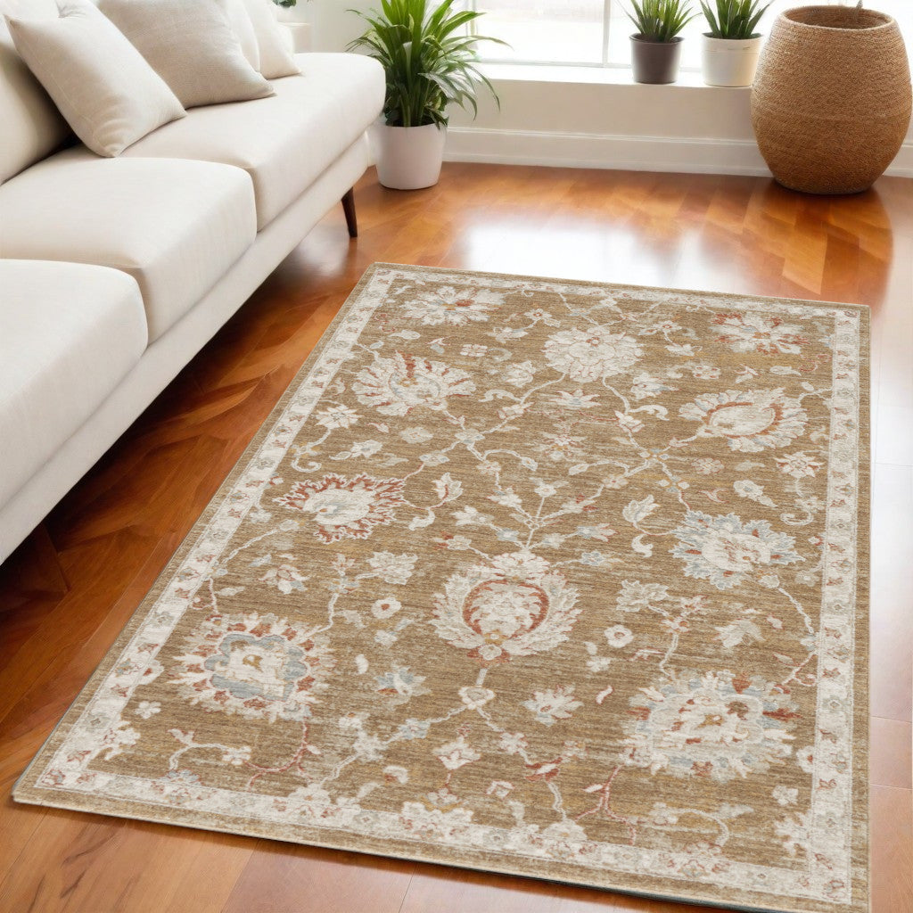 5' X 8' Brown Floral Power Loom Distressed Area Rug-1
