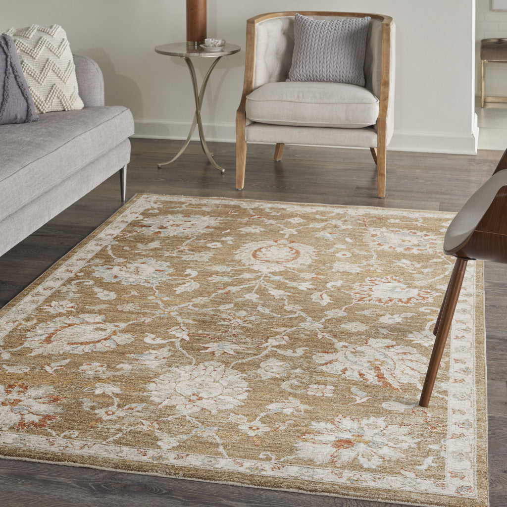 5' X 8' Brown Floral Power Loom Distressed Area Rug-3