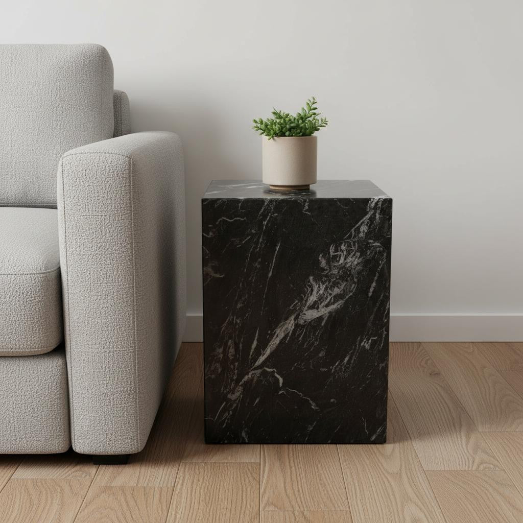 20" Black Marble Square Block End Table-0