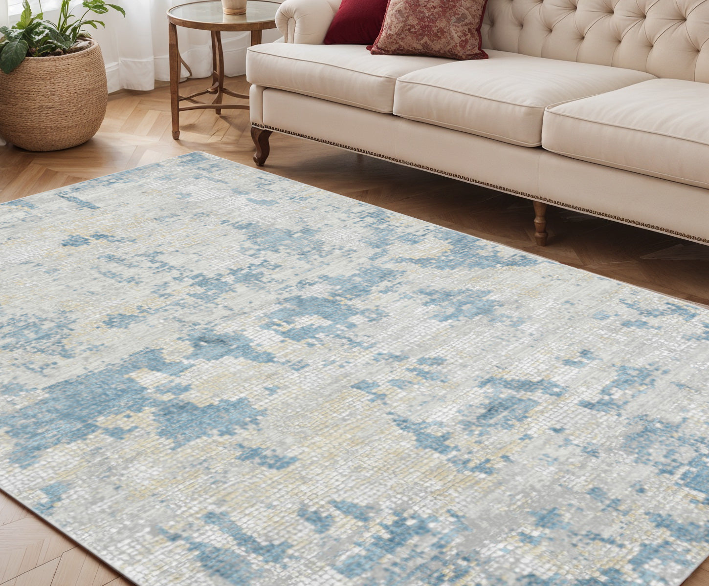 5' X 8' Ivory And Sky Blue Abstract Area Rug-0
