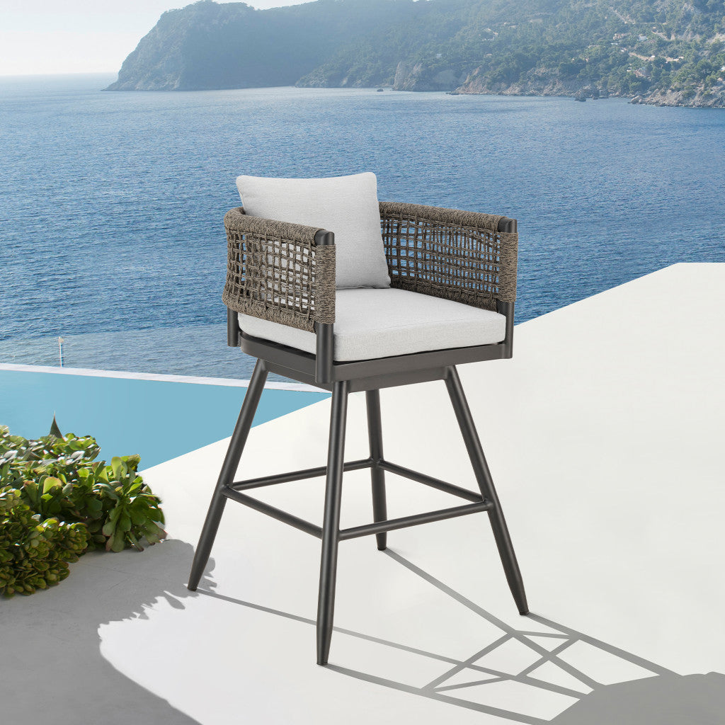 30" Black and Light Gray Aluminum Swivel Rope Back Outdoor Bar Height Chair with Footrest-8