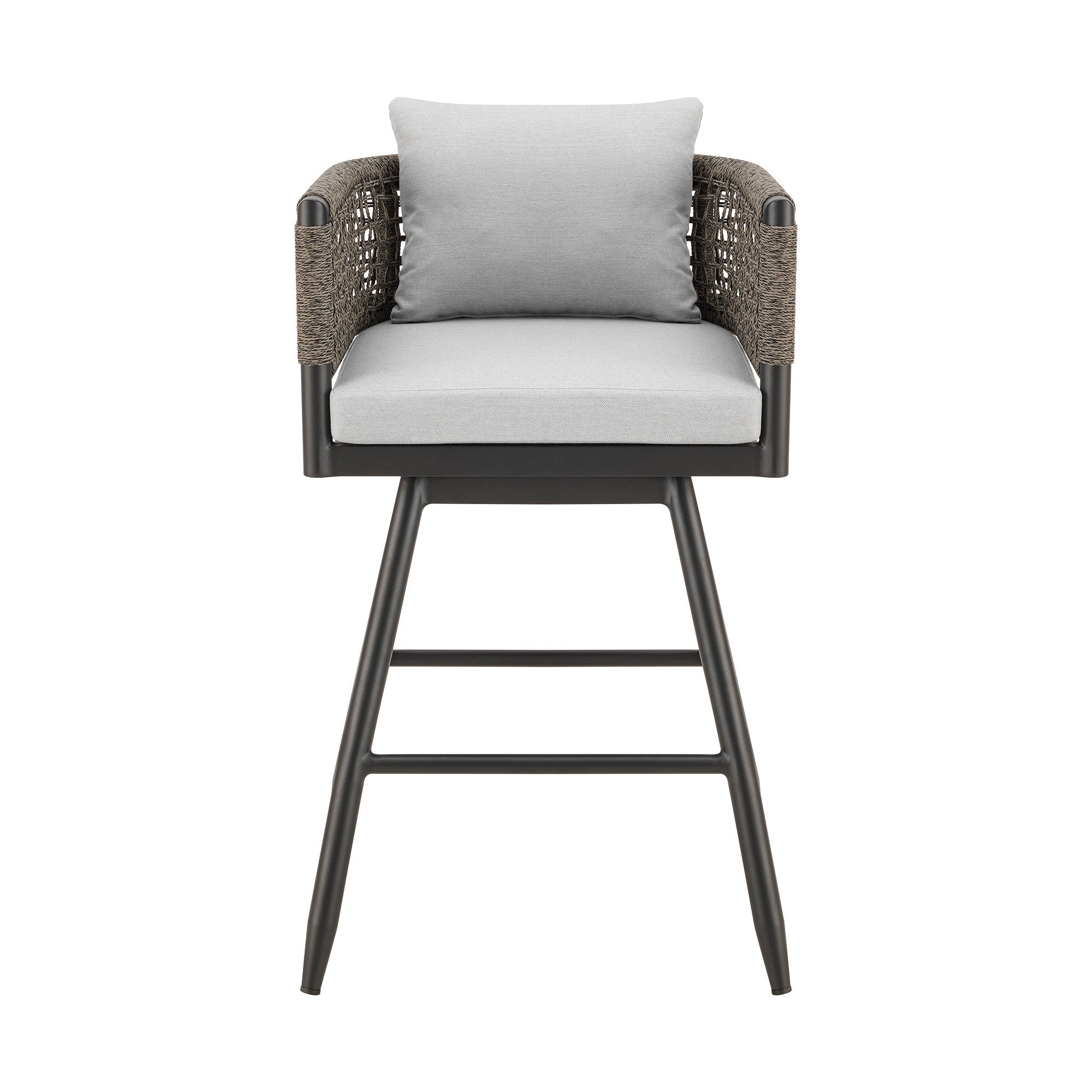 30" Black and Light Gray Aluminum Swivel Rope Back Outdoor Bar Height Chair with Footrest-2