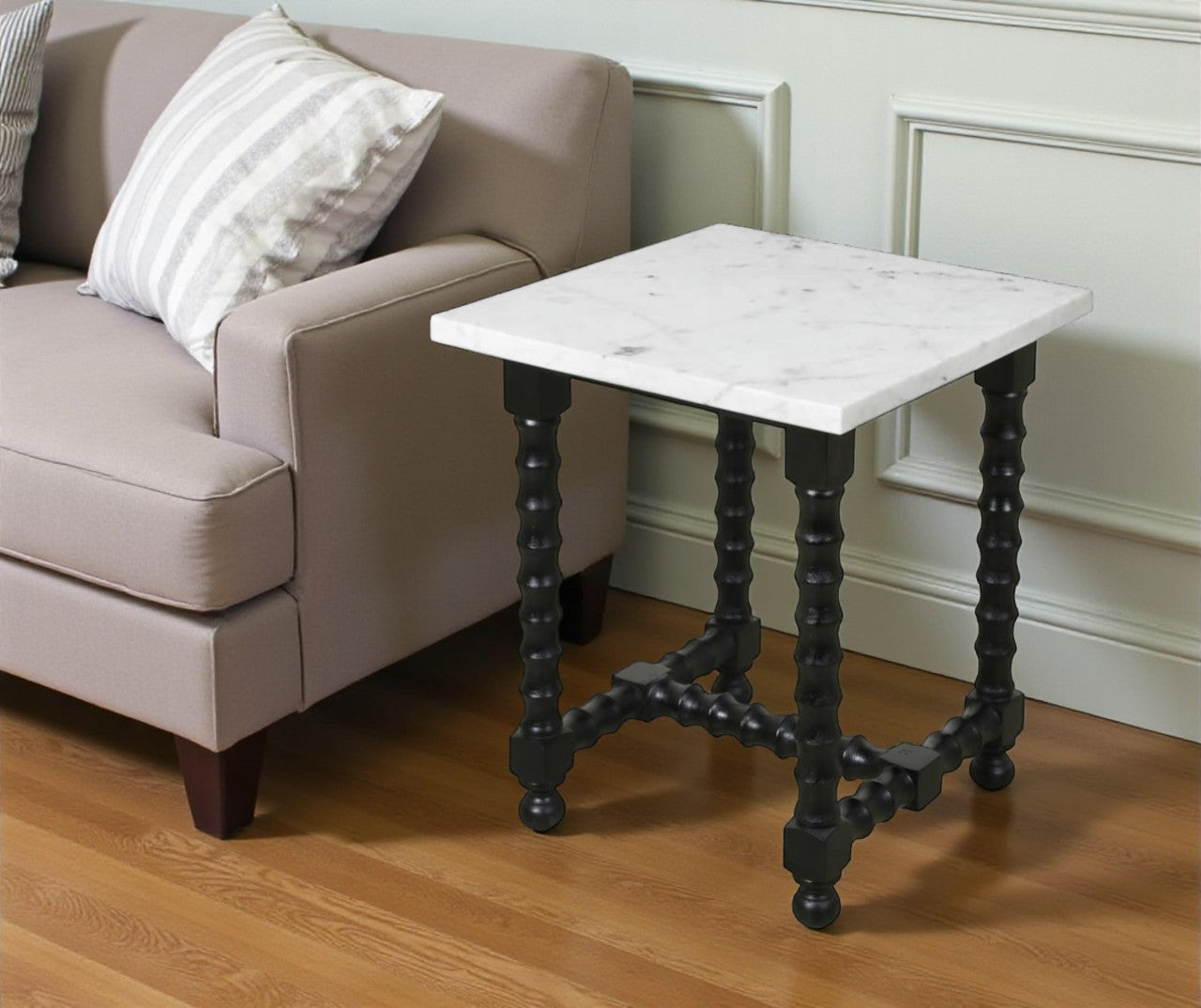 24" White and Black Marble and Solid Wood Square Trestle End Table-0