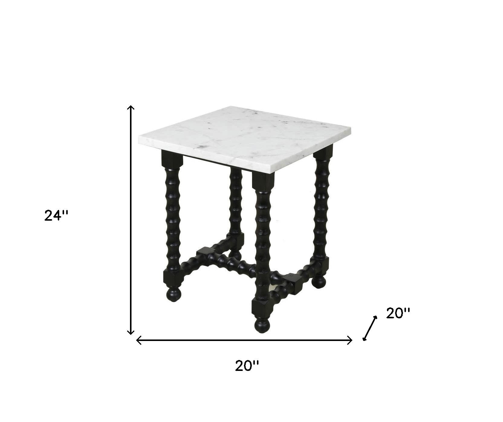 24" White and Black Marble and Solid Wood Square Trestle End Table-7