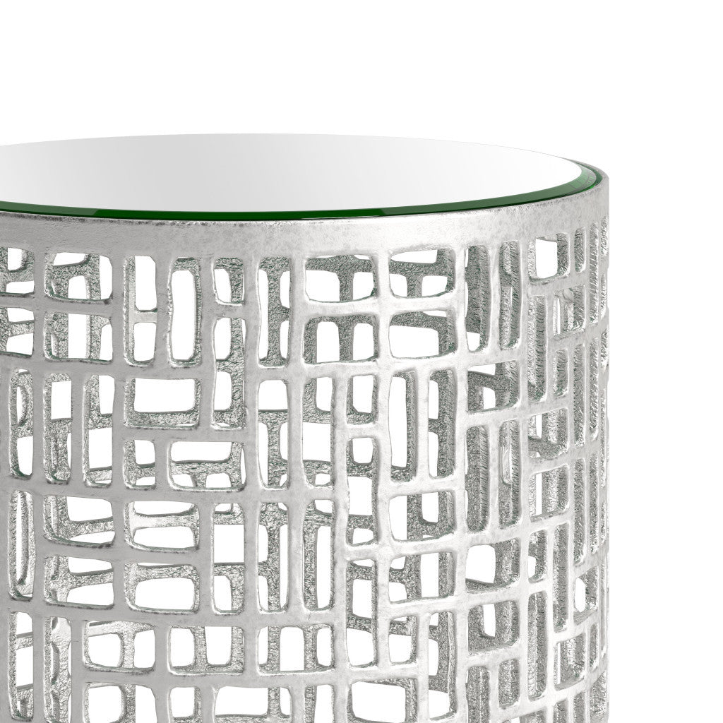 20" Silver Mirrored Glass And Aluminum Round Pedestal End Table-5