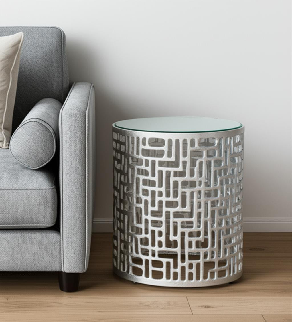 20" Silver Mirrored Glass And Aluminum Round Pedestal End Table-0