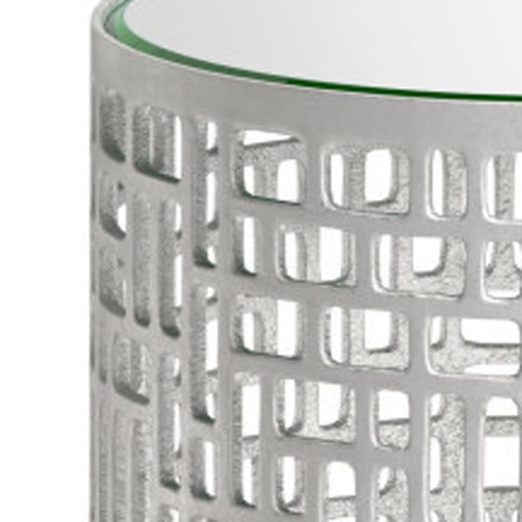 20" Silver Mirrored Glass And Aluminum Round Pedestal End Table-4