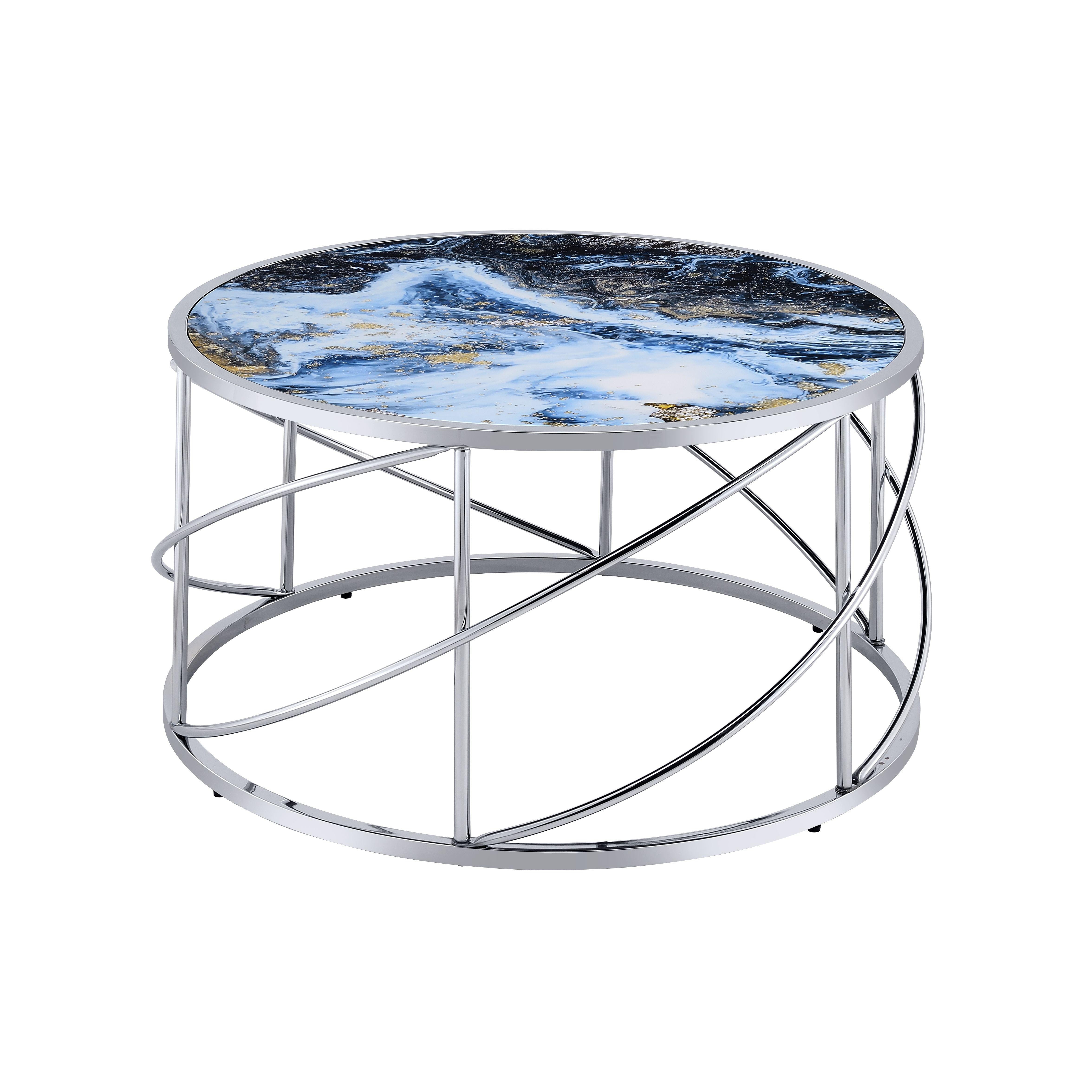 33" Blue and Silver Wood and Iron Faux Marble Geometric Frame Round Coffee Table-1