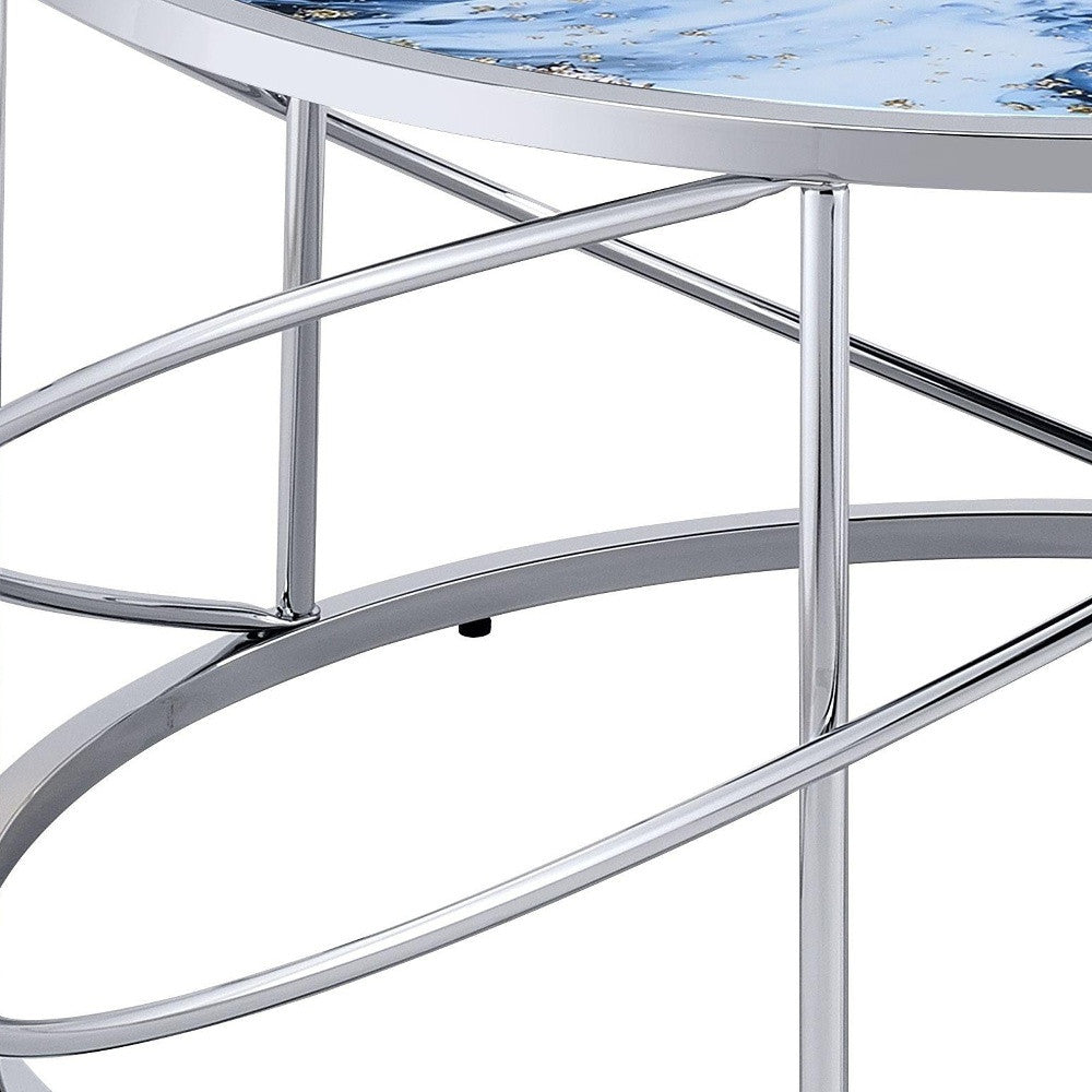 33" Blue and Silver Wood and Iron Faux Marble Geometric Frame Round Coffee Table-3