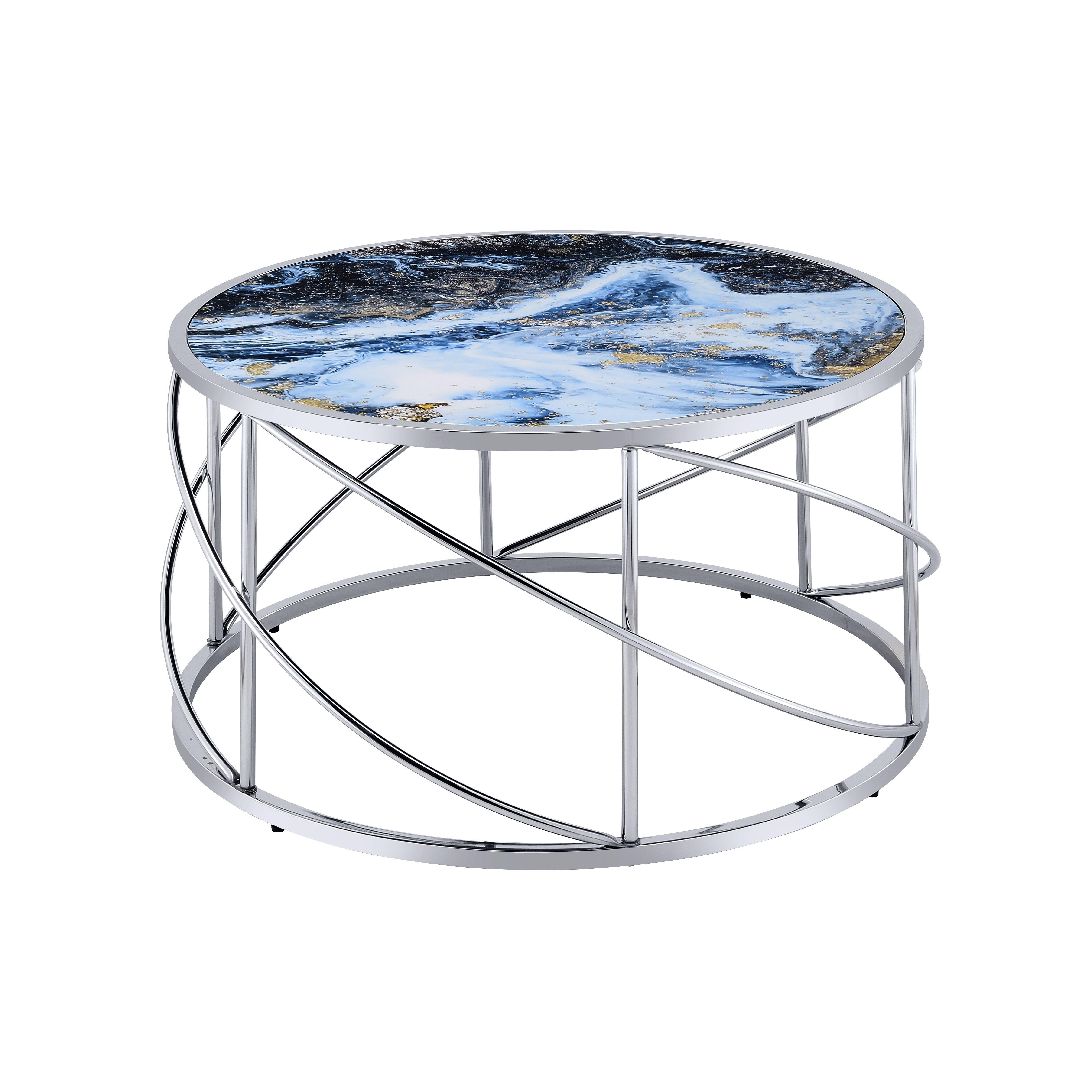 33" Blue and Silver Wood and Iron Faux Marble Geometric Frame Round Coffee Table-4