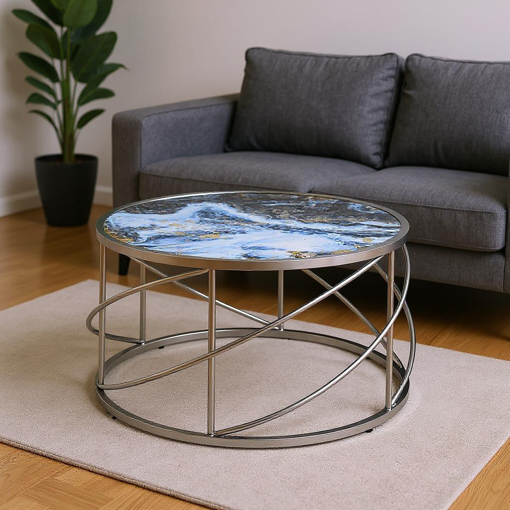 33" Blue and Silver Wood and Iron Faux Marble Geometric Frame Round Coffee Table-0