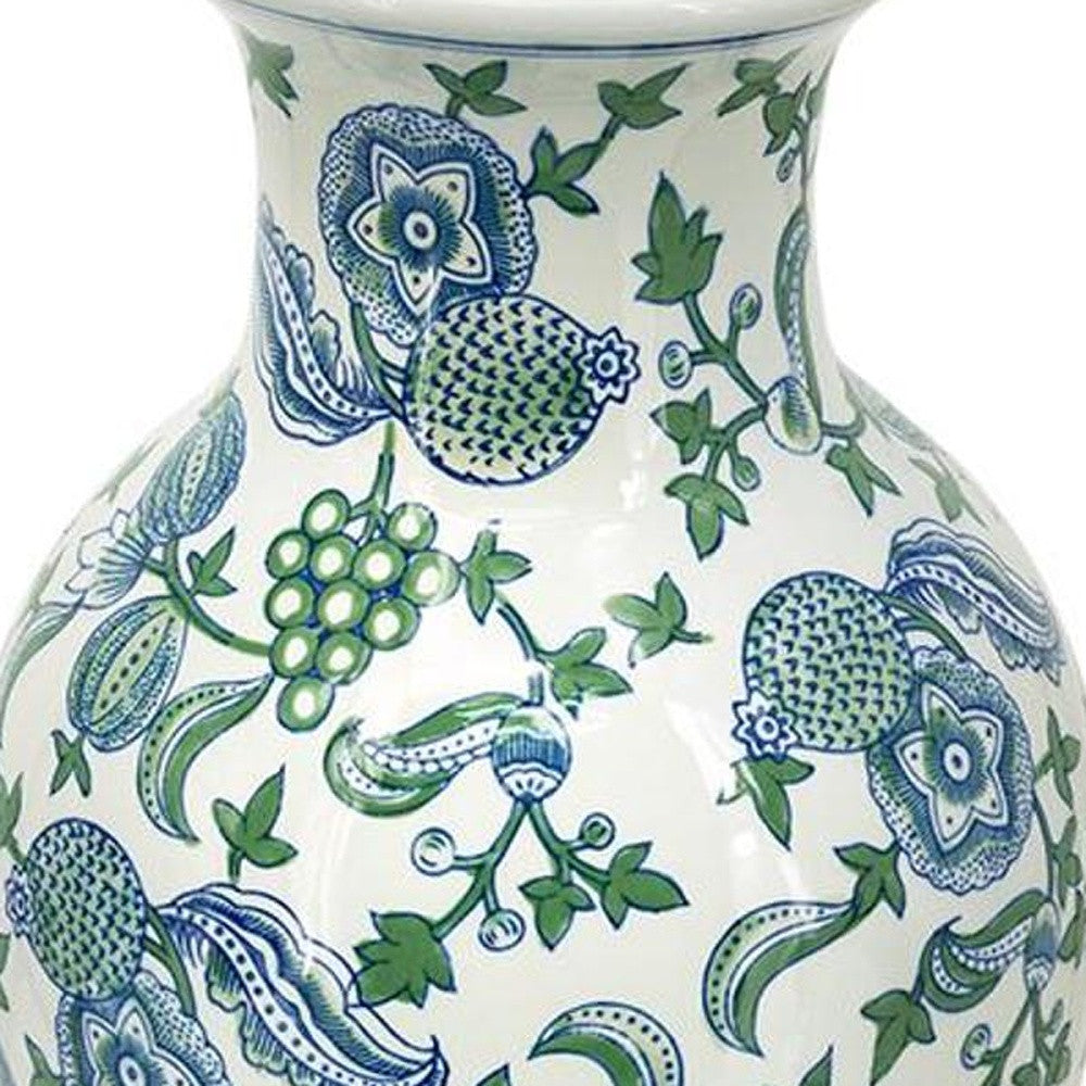 19" White Blue And Green Floral Urn Porcelain Table Vase-5
