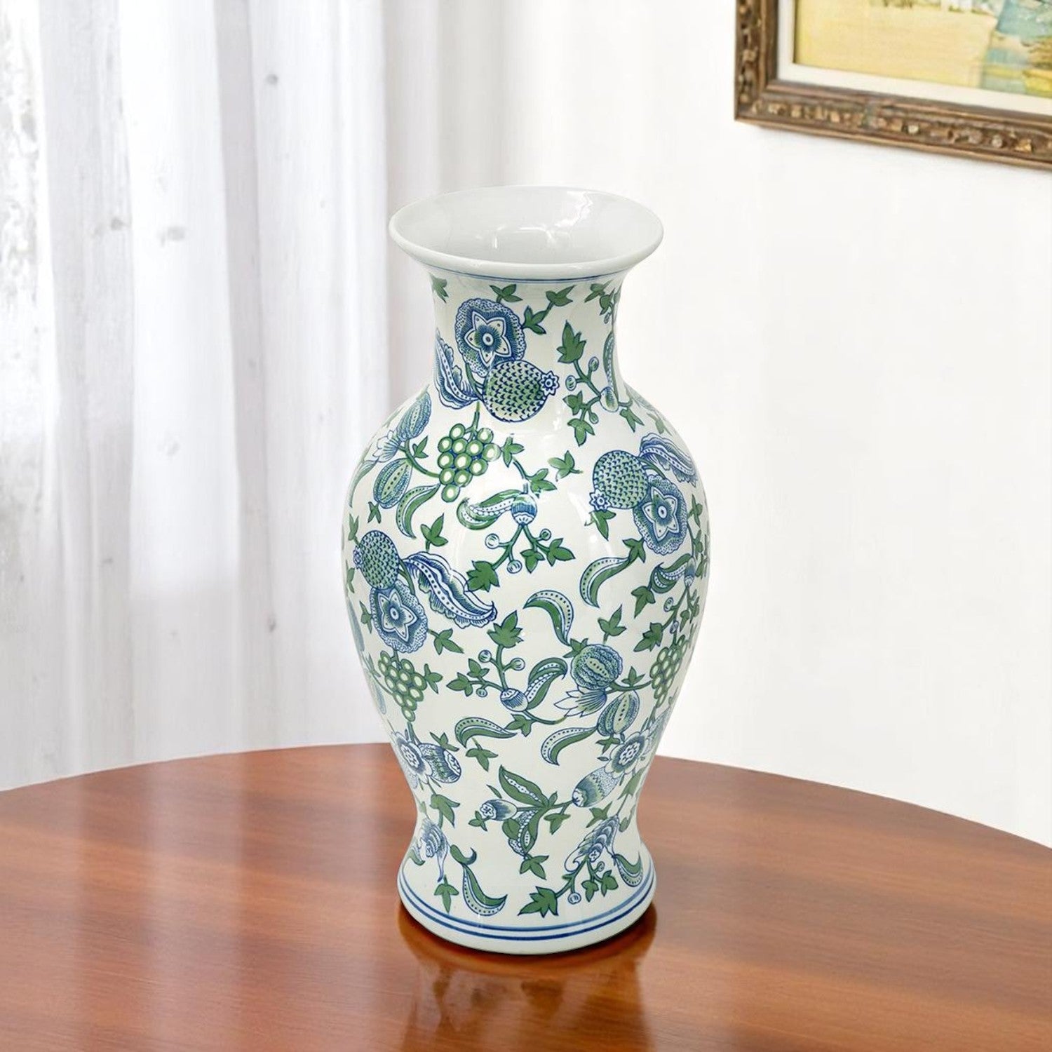 19" White Blue And Green Floral Urn Porcelain Table Vase-0