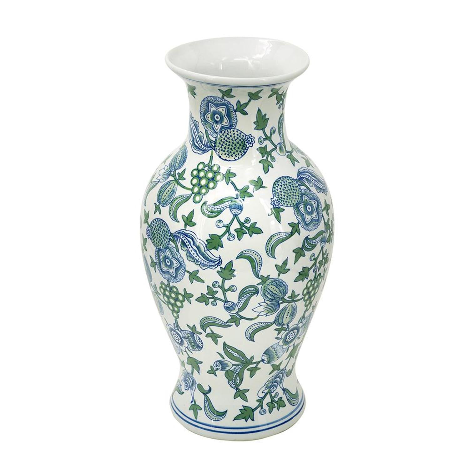 19" White Blue And Green Floral Urn Porcelain Table Vase-1
