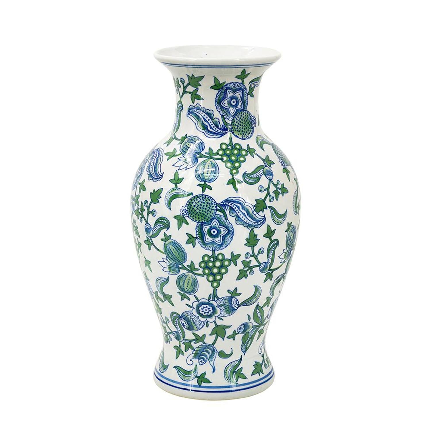 19" White Blue And Green Floral Urn Porcelain Table Vase-2