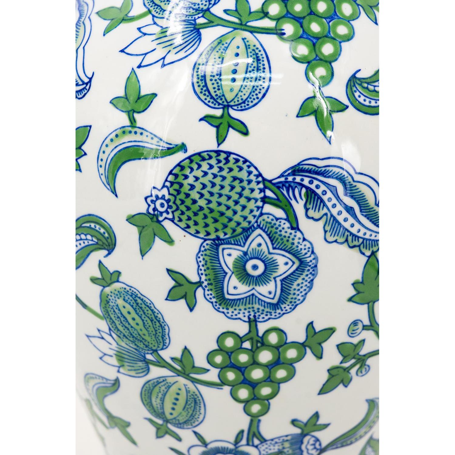 19" White Blue And Green Floral Urn Porcelain Table Vase-3