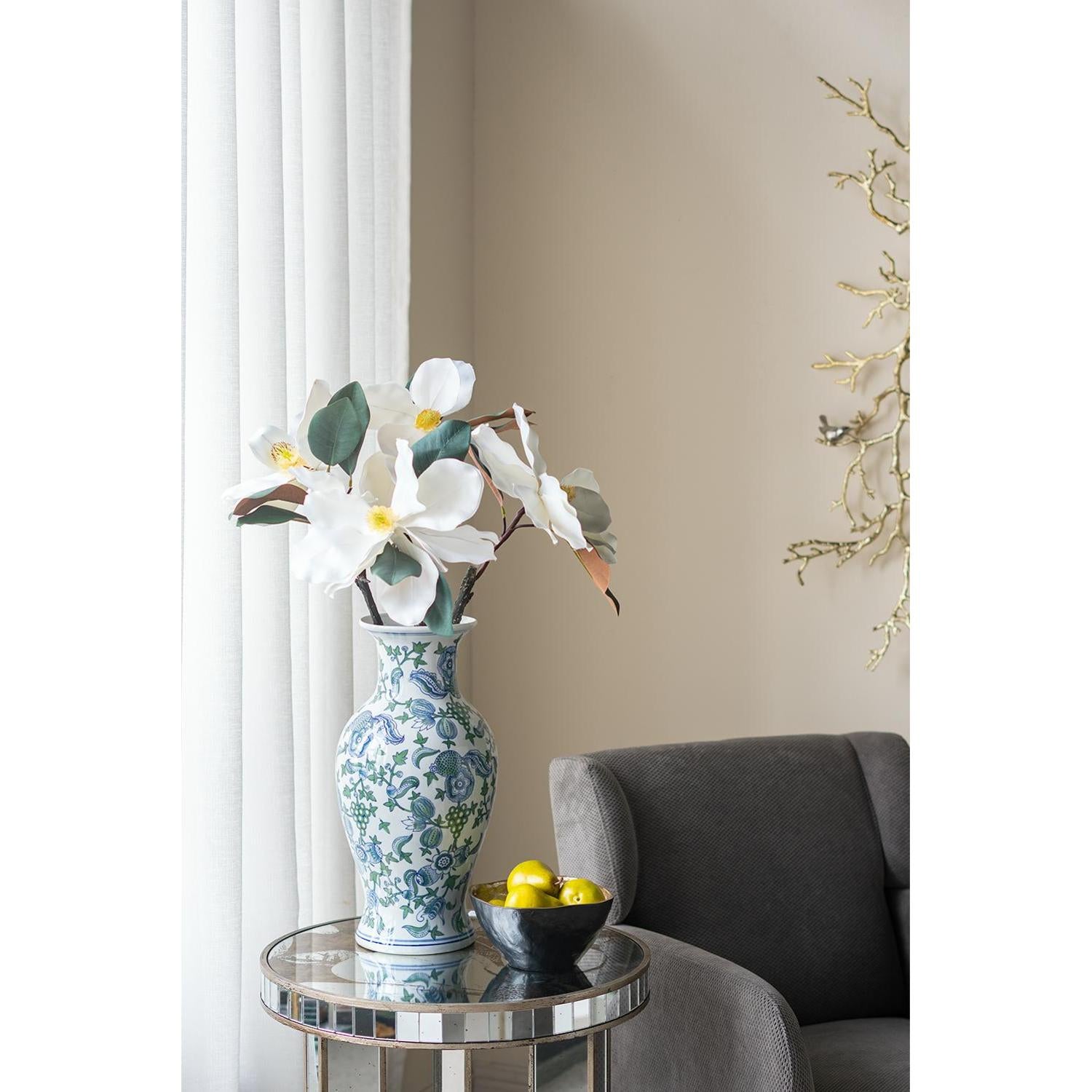 19" White Blue And Green Floral Urn Porcelain Table Vase-6