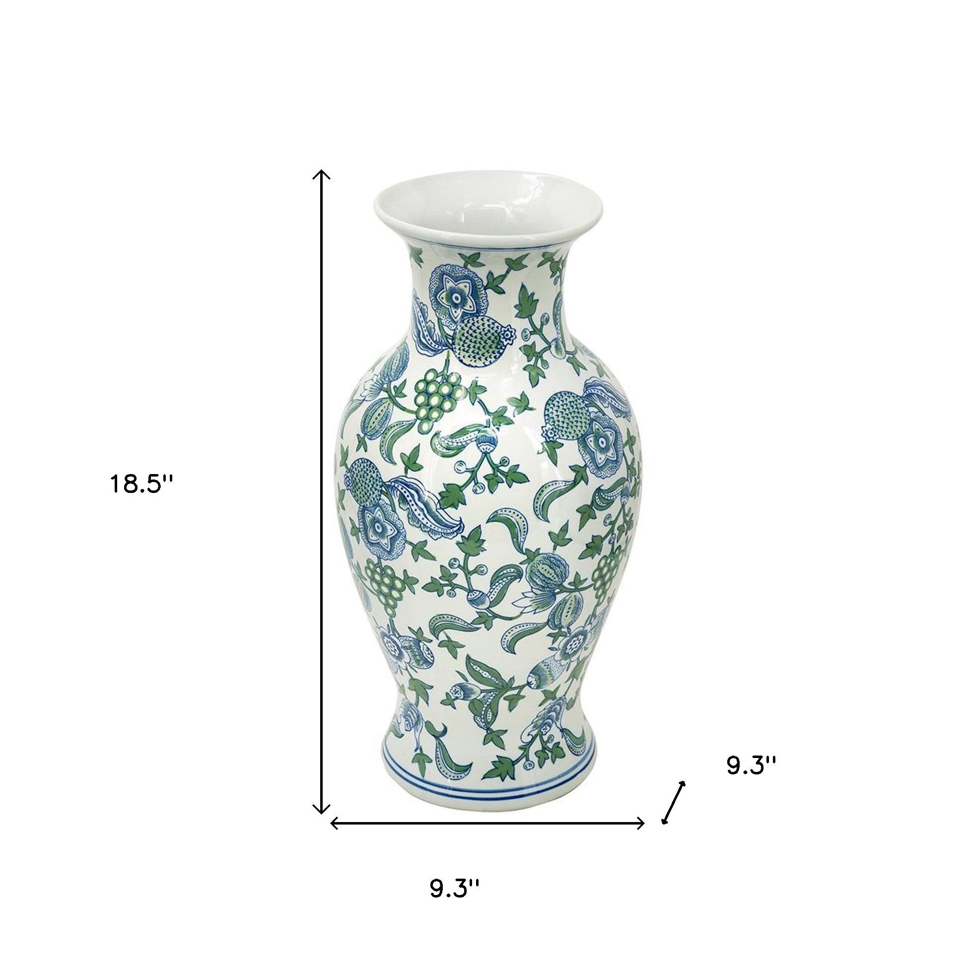 19" White Blue And Green Floral Urn Porcelain Table Vase-7