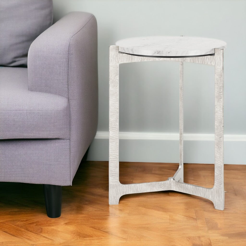 25" White And Silver Marble And Aluminum Round Cross Legs End Table-1
