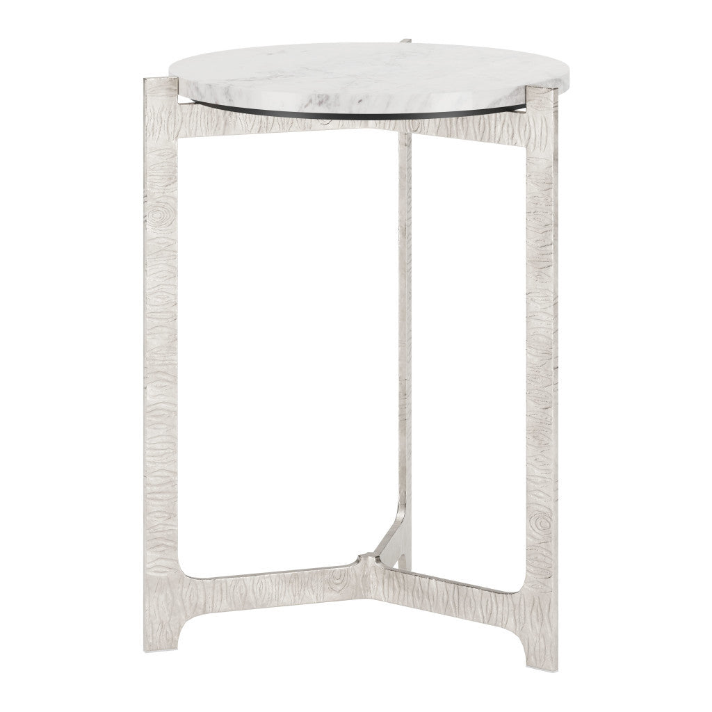 25" White And Silver Marble And Aluminum Round Cross Legs End Table-0
