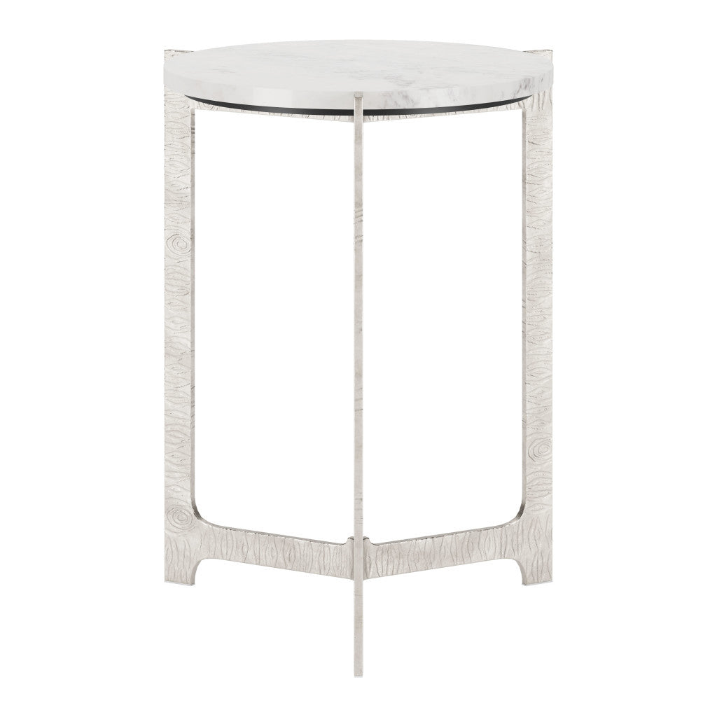 25" White And Silver Marble And Aluminum Round Cross Legs End Table-2