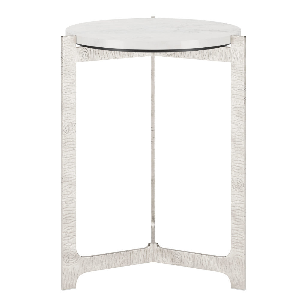 25" White And Silver Marble And Aluminum Round Cross Legs End Table-3
