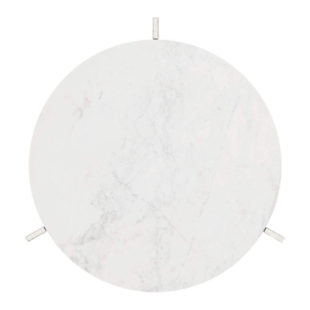 25" White And Silver Marble And Aluminum Round Cross Legs End Table-4