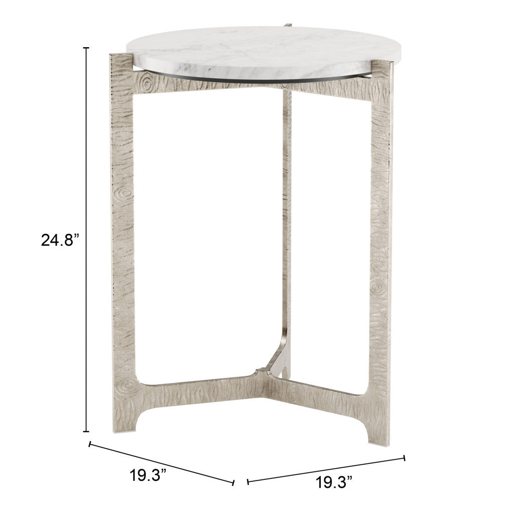 25" White And Silver Marble And Aluminum Round Cross Legs End Table-7