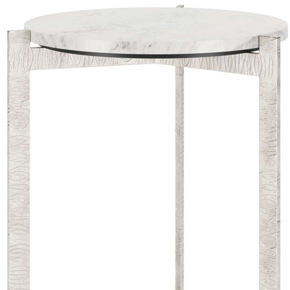 25" White And Silver Marble And Aluminum Round Cross Legs End Table-6