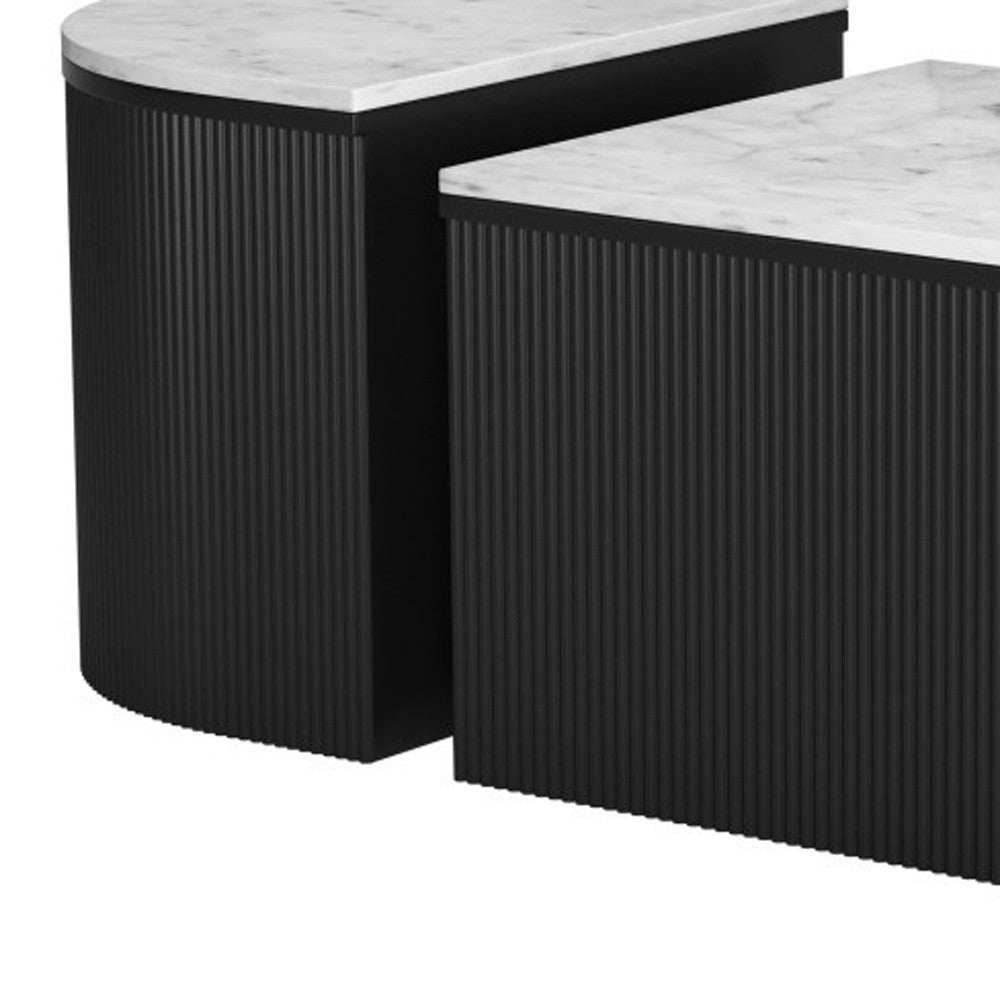 Set of Two Black And White Wood And Faux Marble Oval Drum Bunching Coffee Tables-7