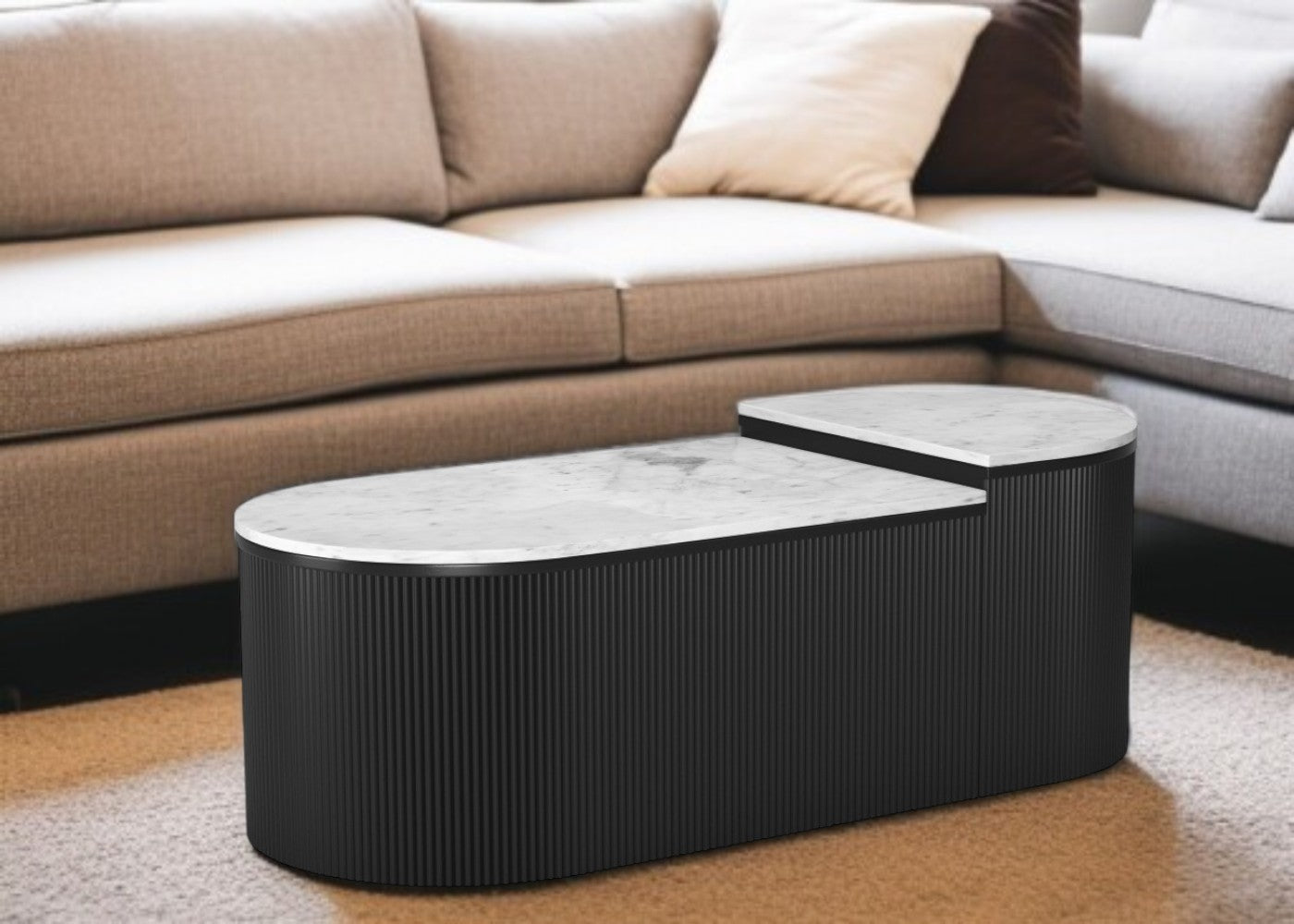 Set of Two Black And White Wood And Faux Marble Oval Drum Bunching Coffee Tables-1