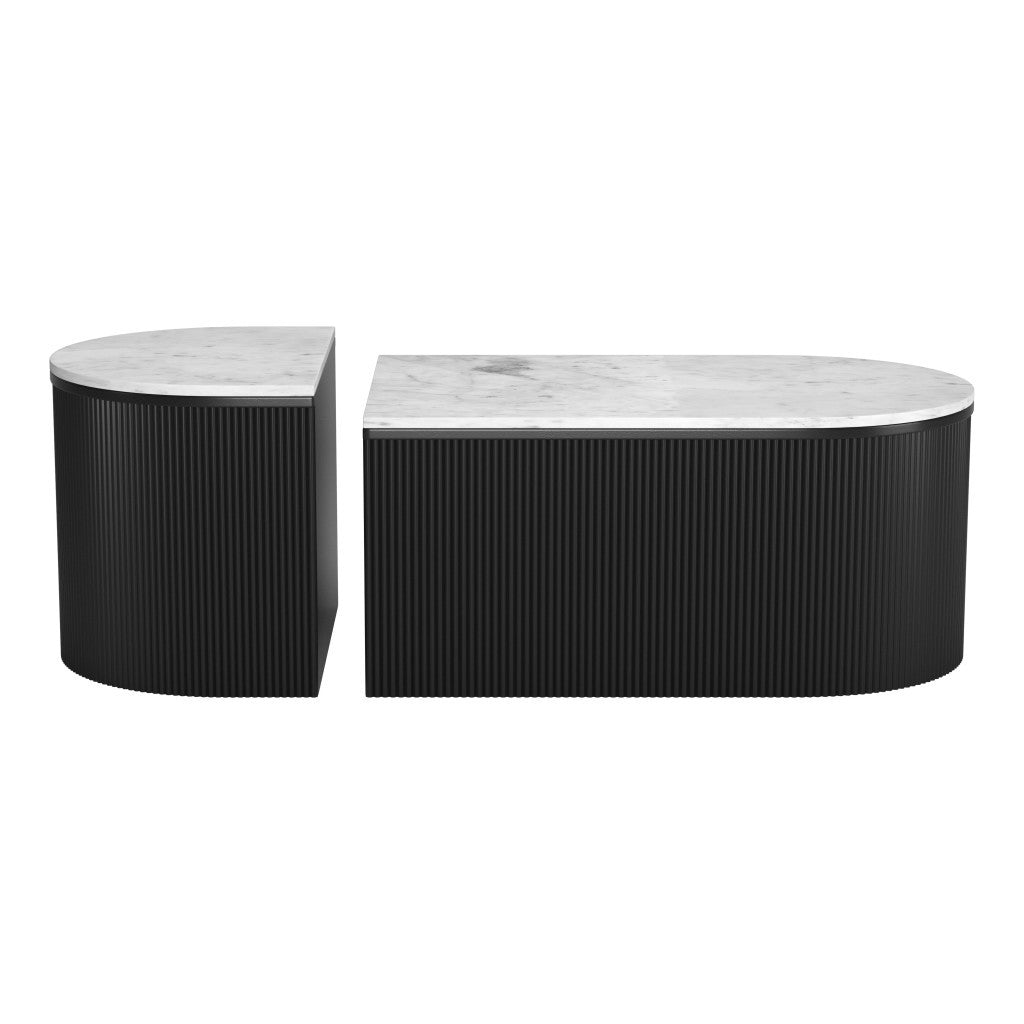 Set of Two Black And White Wood And Faux Marble Oval Drum Bunching Coffee Tables-5