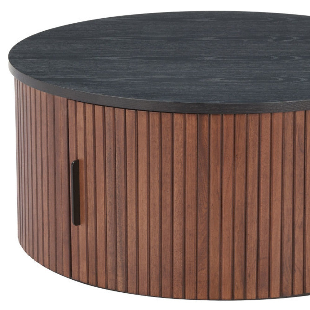 32" Black and Walnut Wood Round Drum Coffee Table-7