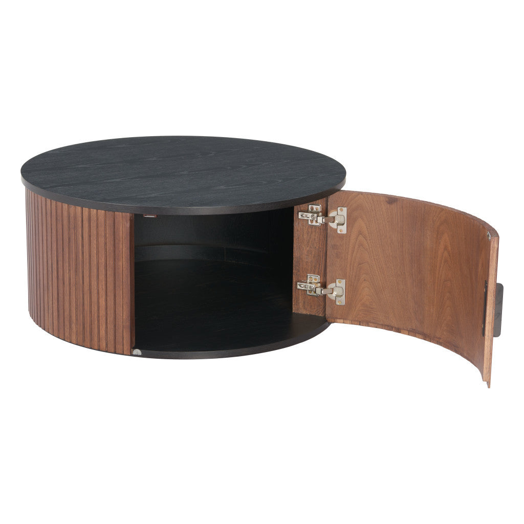 32" Black and Walnut Wood Round Drum Coffee Table-6