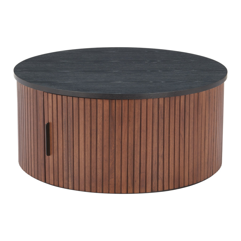 32" Black and Walnut Wood Round Drum Coffee Table-1