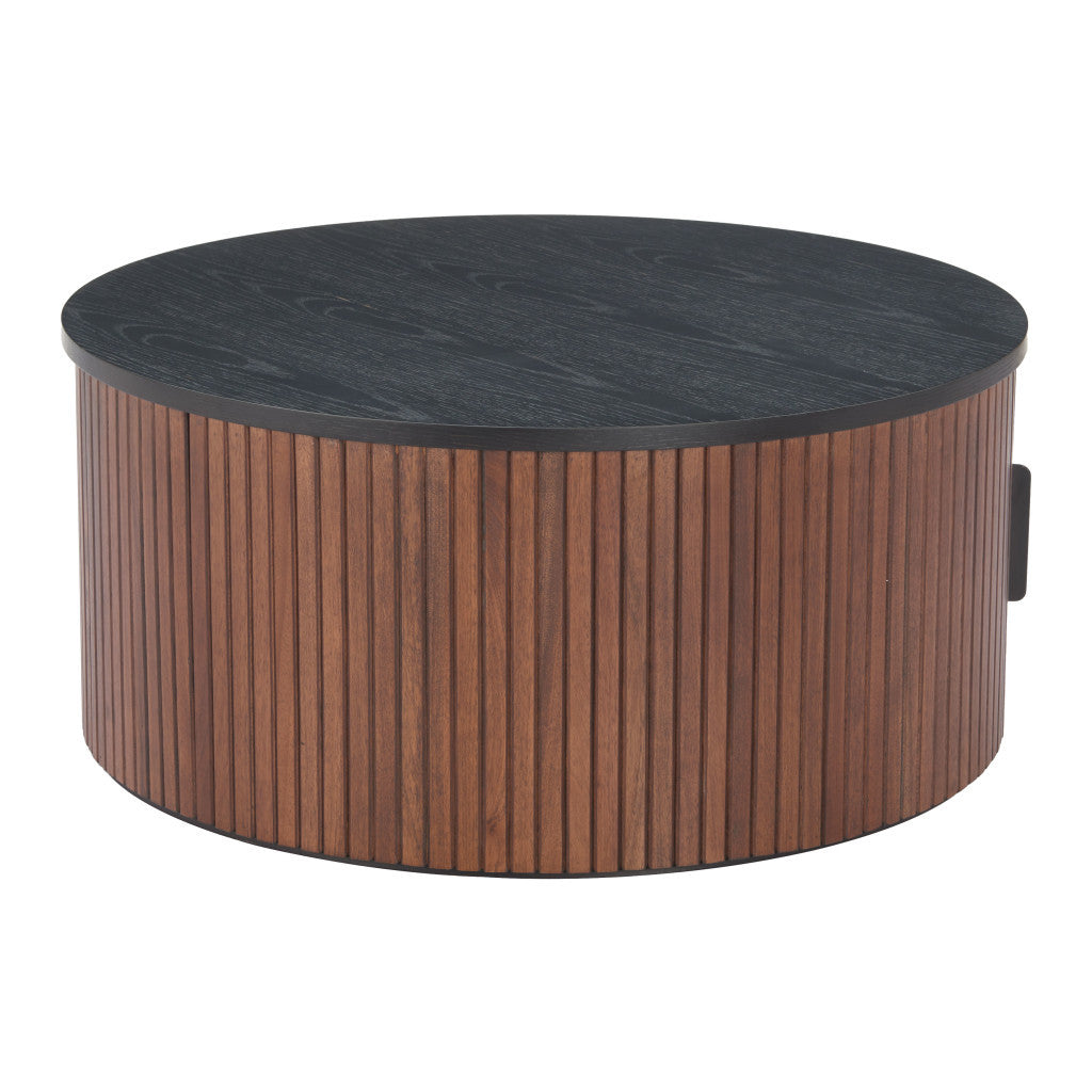 32" Black and Walnut Wood Round Drum Coffee Table-2