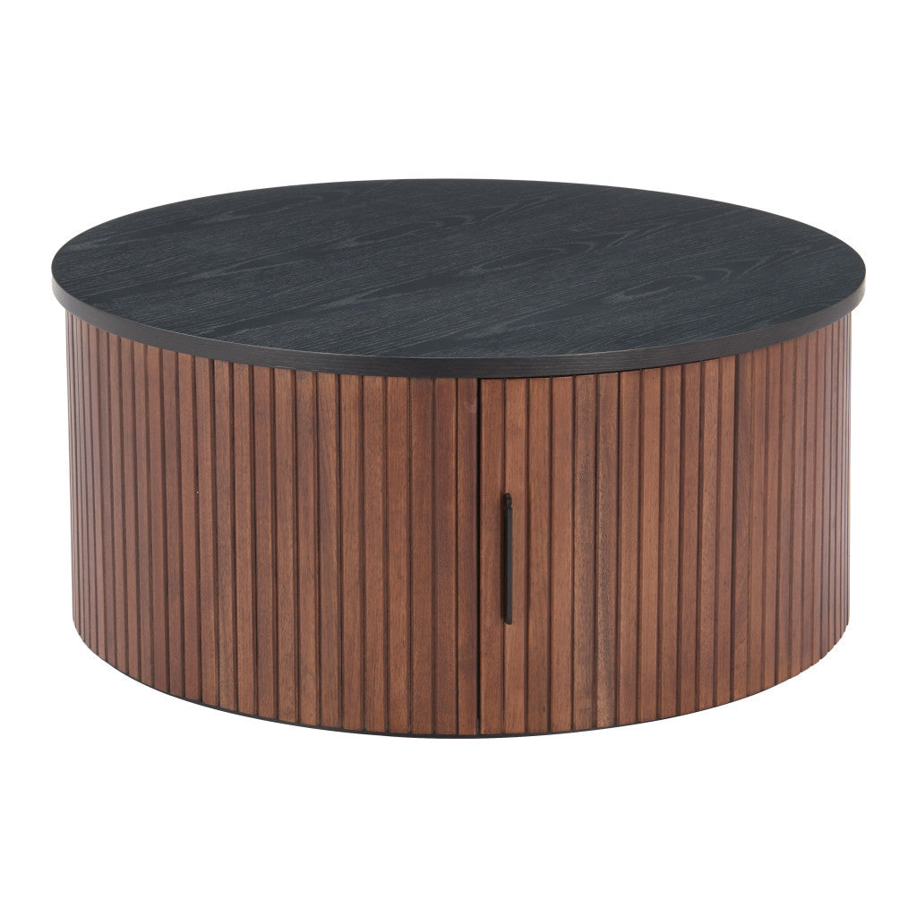 32" Black and Walnut Wood Round Drum Coffee Table-3