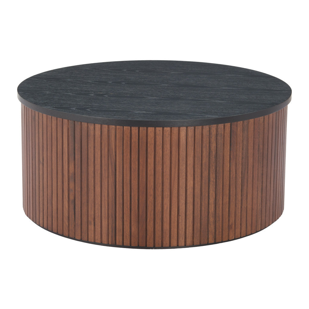 32" Black and Walnut Wood Round Drum Coffee Table-4