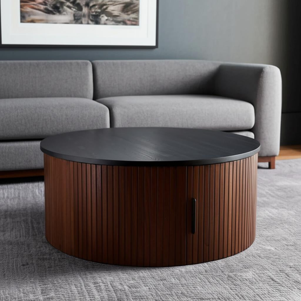 32" Black and Walnut Wood Round Drum Coffee Table-0