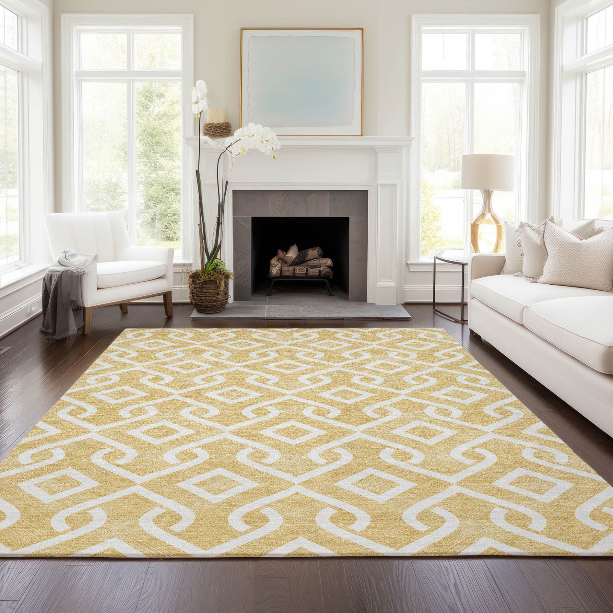 5' X 8' Gold And Ivory Geometric Washable Indoor Outdoor Area Rug-6