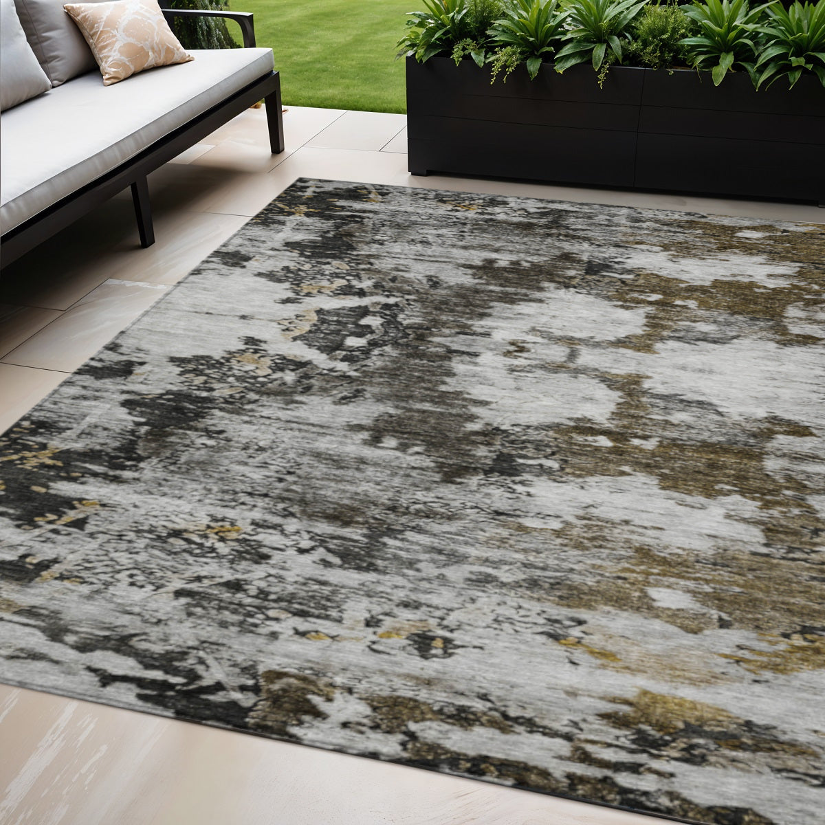 5' X 8' Taupe Brown And Gold Abstract Washable Indoor Outdoor Area Rug-0