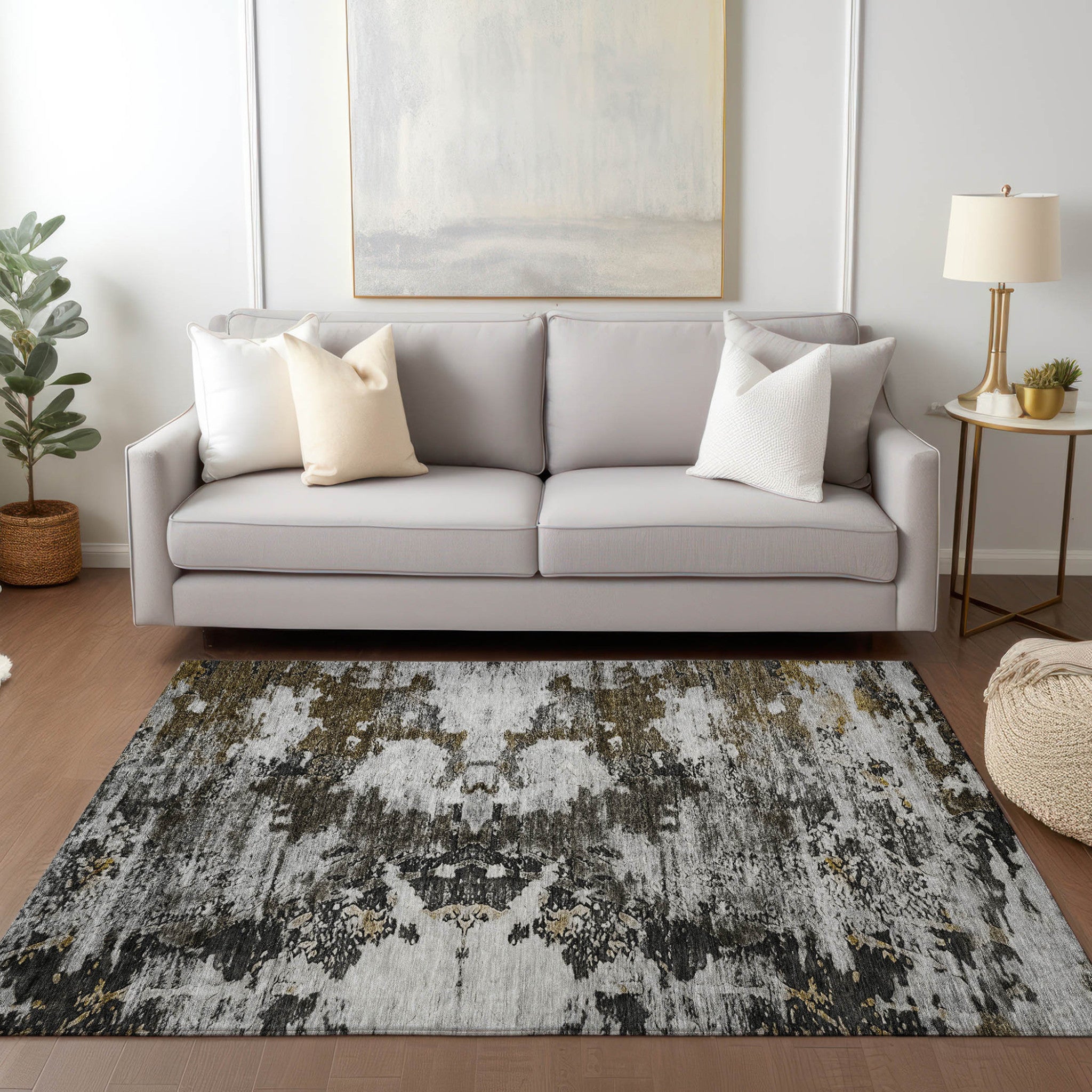 5' X 8' Taupe Brown And Gold Abstract Washable Indoor Outdoor Area Rug-6