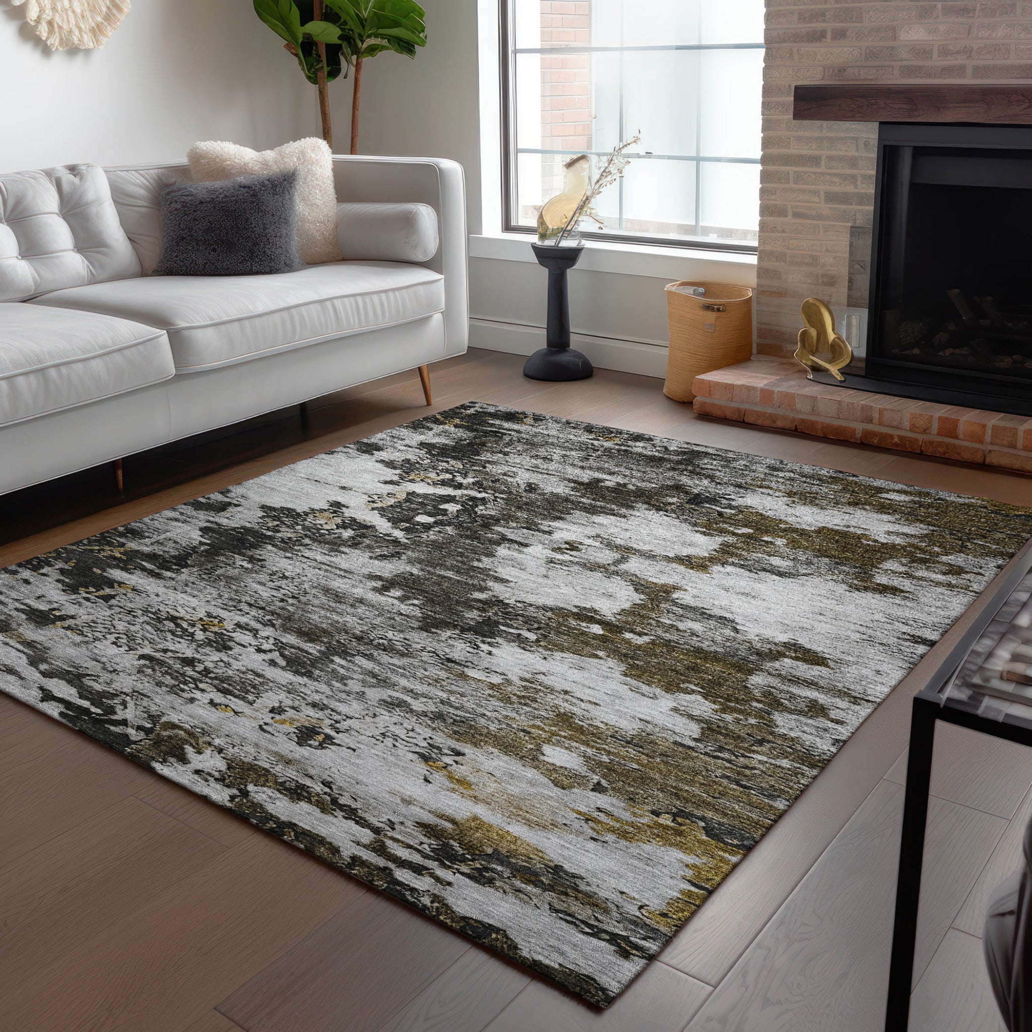 5' X 8' Taupe Brown And Gold Abstract Washable Indoor Outdoor Area Rug-7