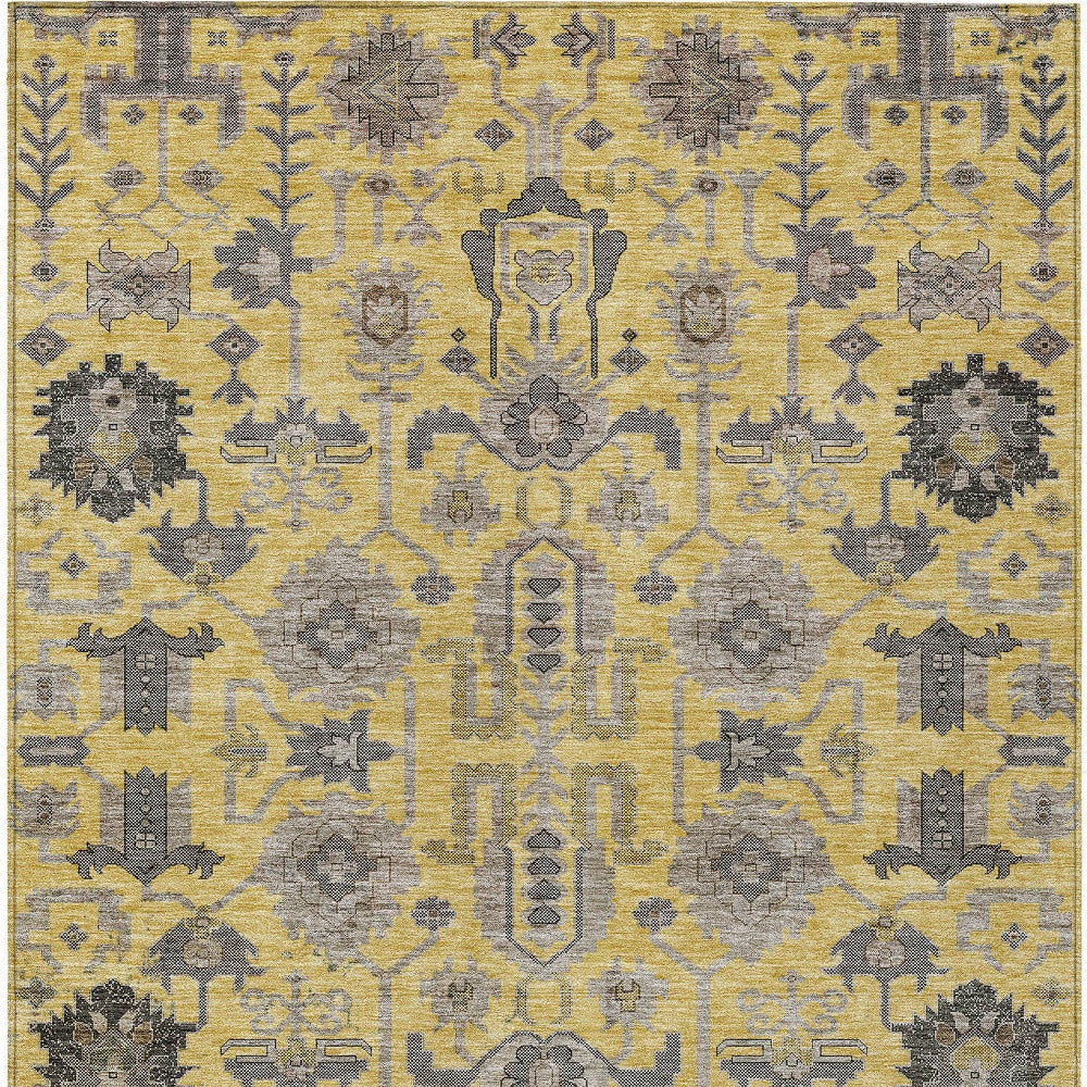 3' X 5' Yellow Gray And Charcoal Oriental Washable Indoor Outdoor Area Rug-6