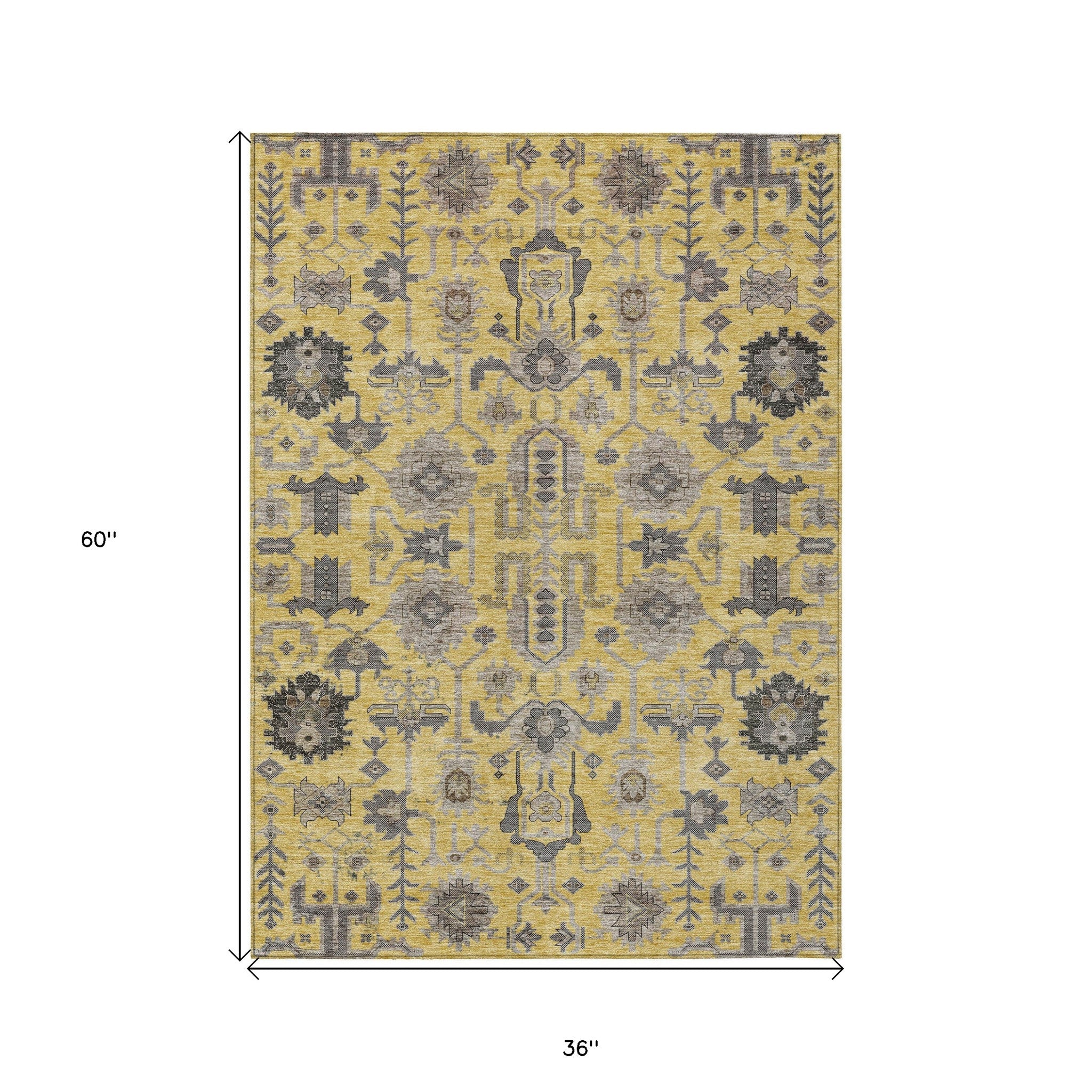 3' X 5' Yellow Gray And Charcoal Oriental Washable Indoor Outdoor Area Rug-2