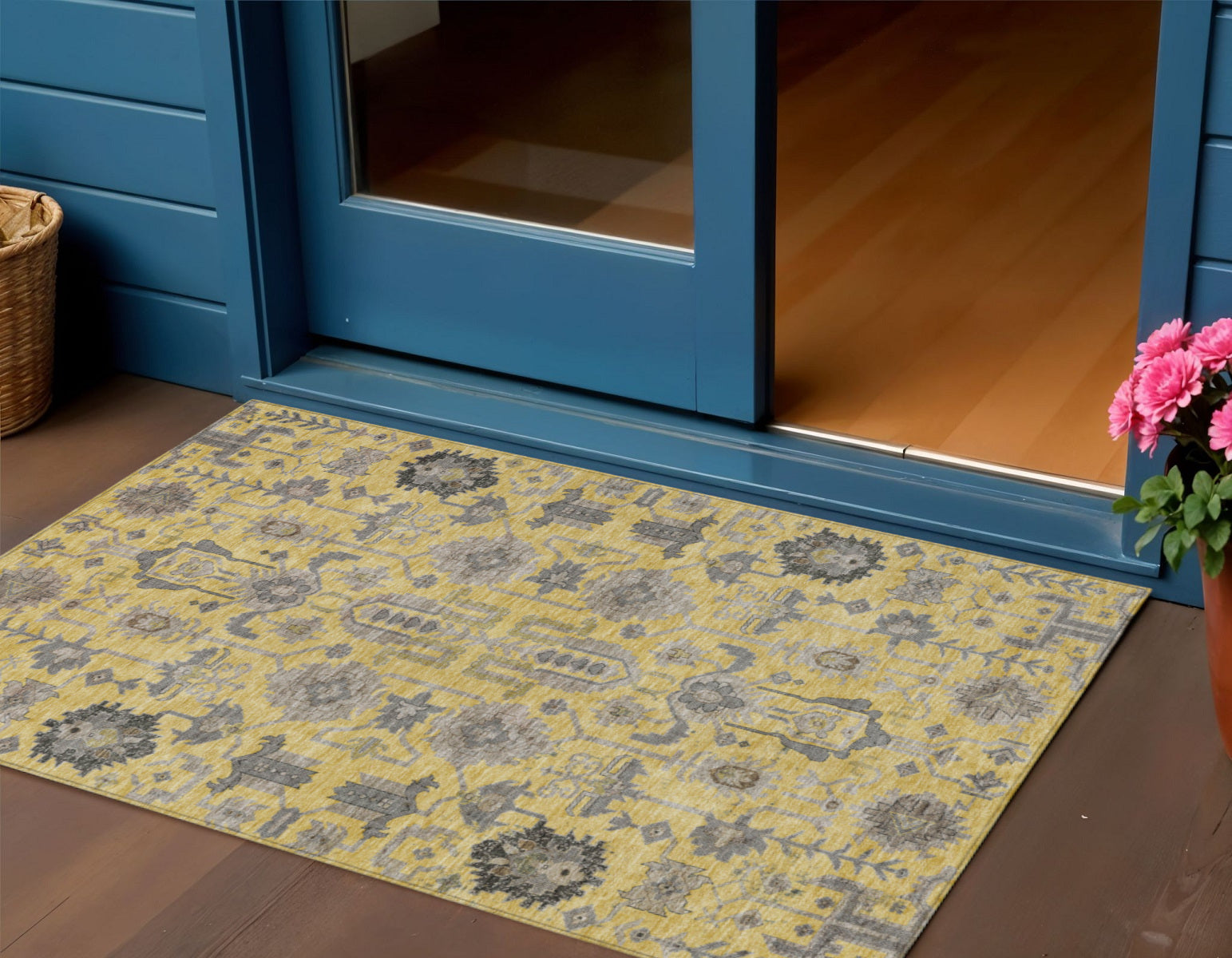 3' X 5' Yellow Gray And Charcoal Oriental Washable Indoor Outdoor Area Rug-0